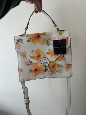 Nanette Lepore White Floral Top-Handle Satchel with Yellow-Orange Blooms